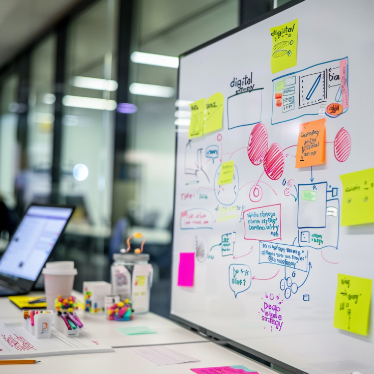 Digital strategy planning whiteboard in an office space